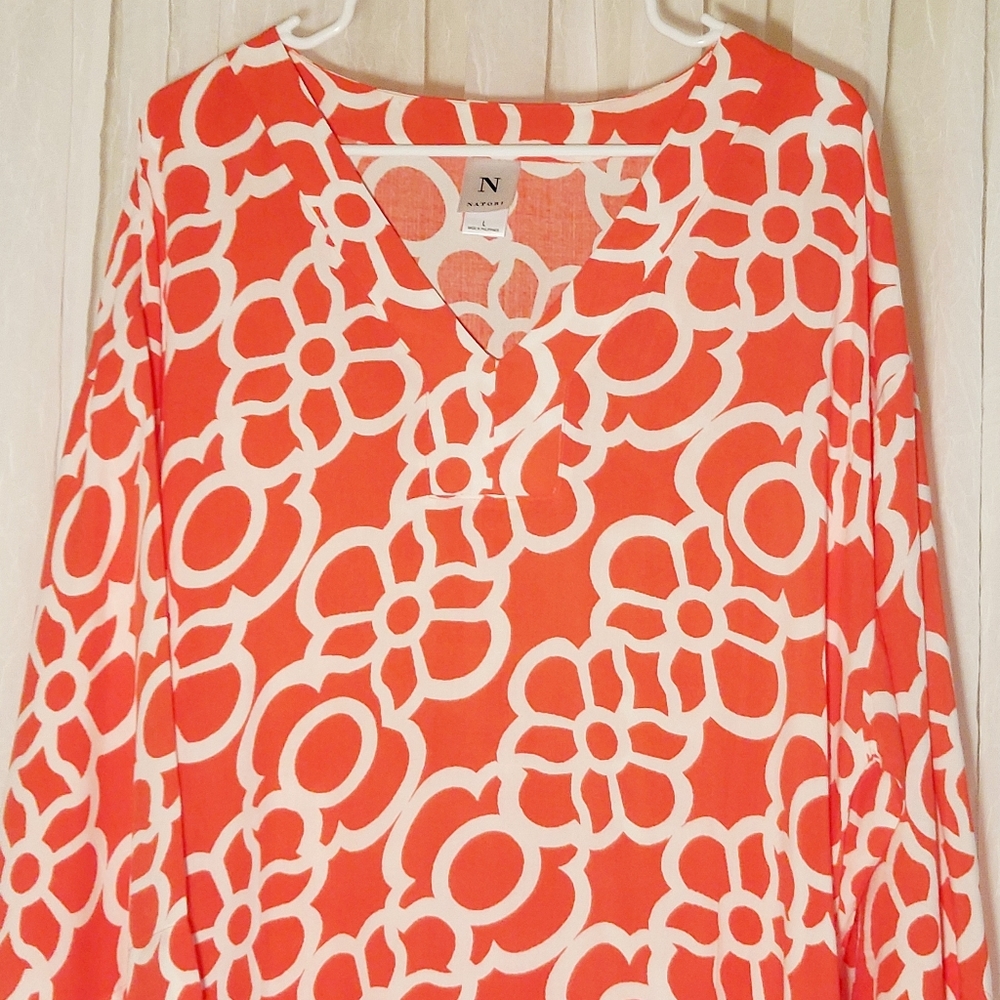 N NATORI Caftan L Coral & White Rayon Pockets EUC
